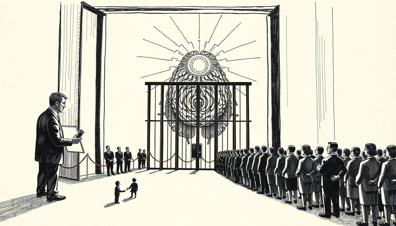 A clerk stamps one figure through a guarded gate toward a caged glowing machine while a long queue waits, showing frontier AI access rationed by approval.