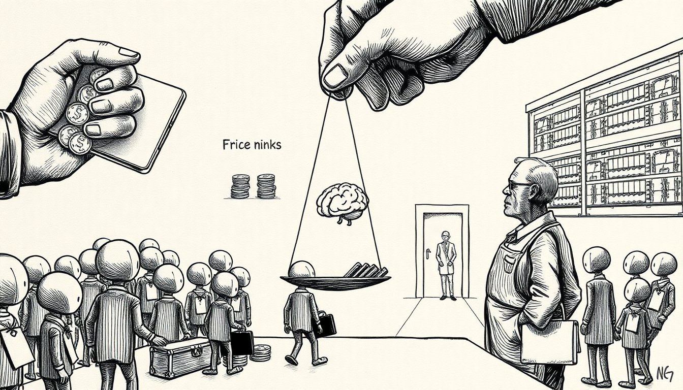 Traders swap clockwork figures wearing price tags at a stall while a scale tips toward coins over a sketched brain, showing AI agents now competing on cost over capability.