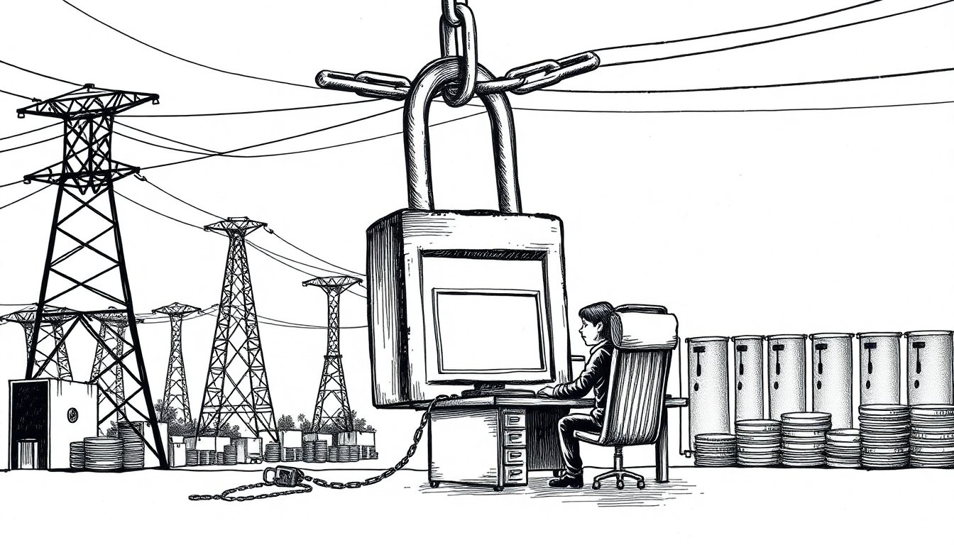 A padlock lifts off a coder's terminal while power lines and coins feed distant data centers, an AI tool freed amid an energy and money rush.