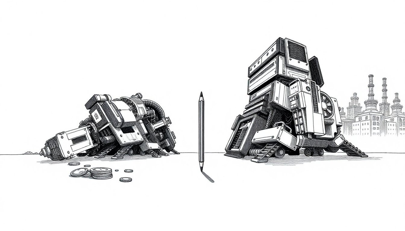 A small, sharply drawn pencil casts a long shadow over toppled oversized machines beside a few coins, suggesting a cheap specialist tool outperforming costly frontier AI.