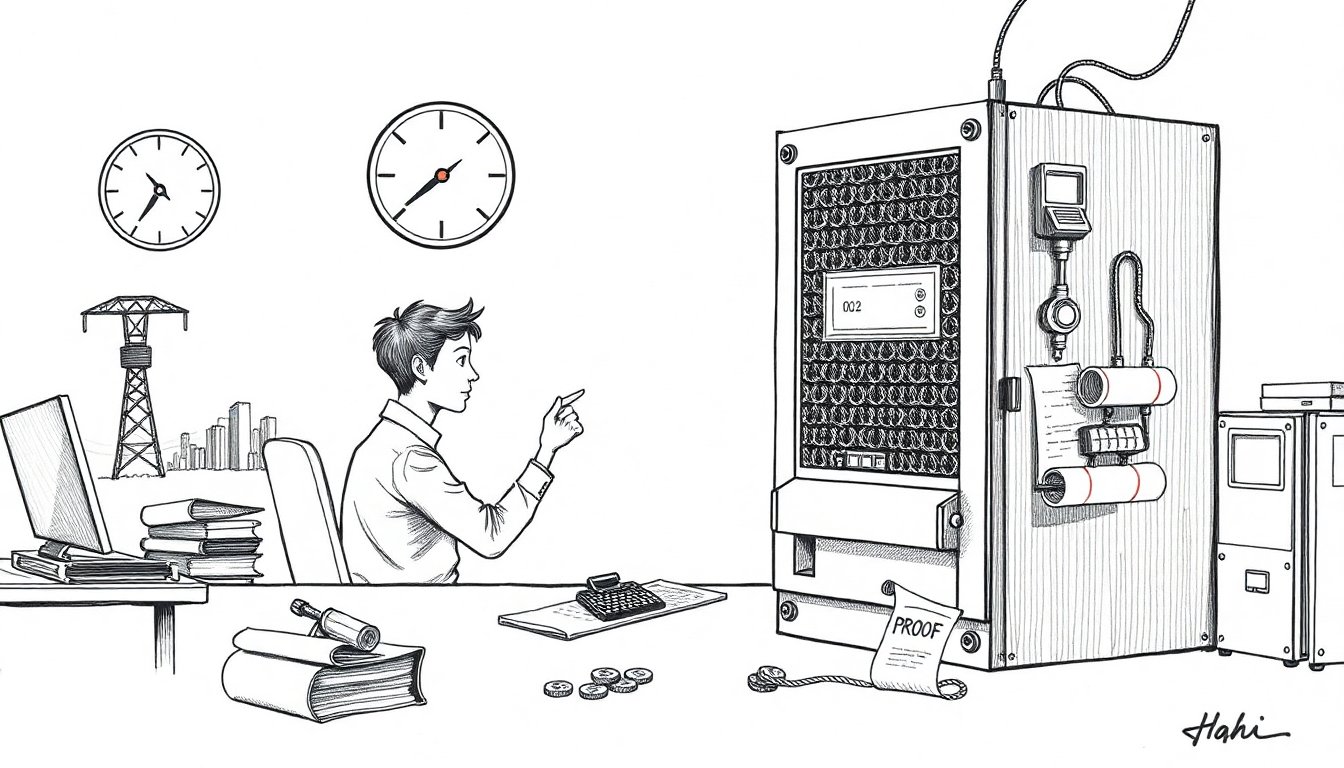 An engineer feeds coins into a neural-network machine while a wall meter nears a red limit, showing how the cost of running AI now rations it.