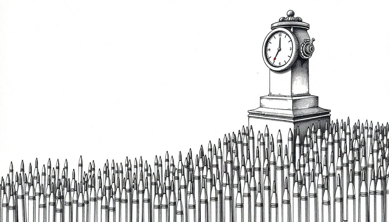 A grand fountain pen wears a coin meter climbing into the red while cheap identical pens flood in below, as premium AI is metered and low-cost rivals surge.