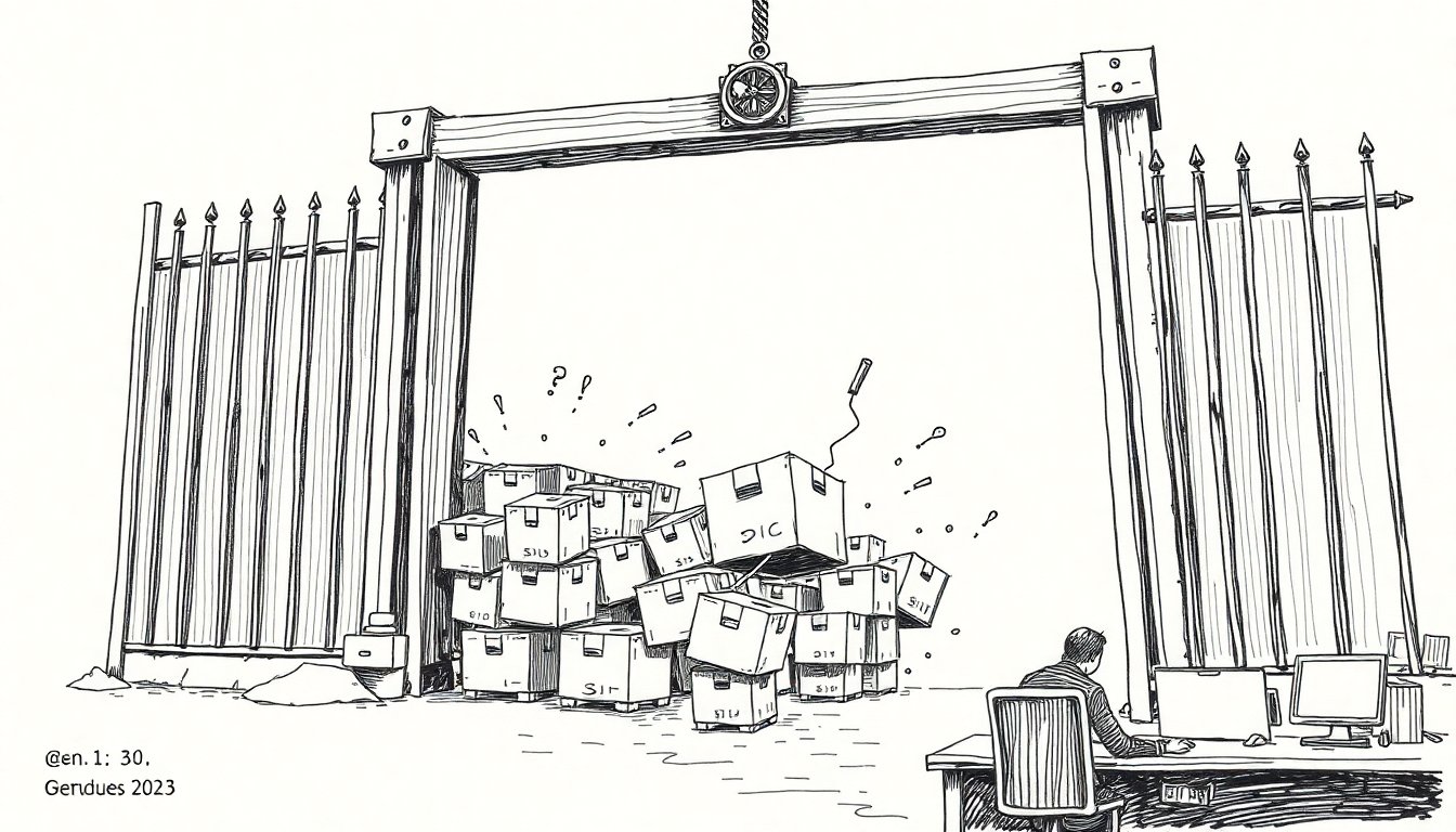 A government gate cranks open, releasing a flood of labelled AI model boxes toward developers at their desks as a price tag is scratched lower.