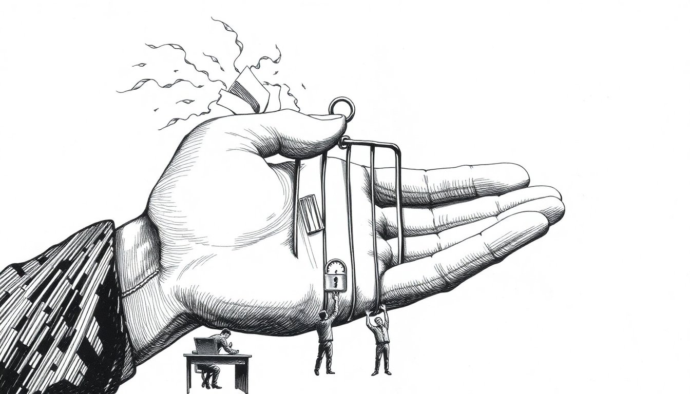 An open hand scattering pages closes into a fist around a key as the pages harden into a locked gate, suggesting open AI turning proprietary.
