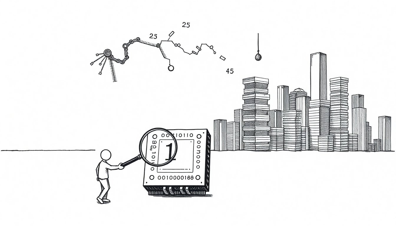A small figure studies a chip through a magnifying glass while a cracked ruler loses its numbers above towers of stacked memory chips, as benchmark trust erodes and compute spending climbs.