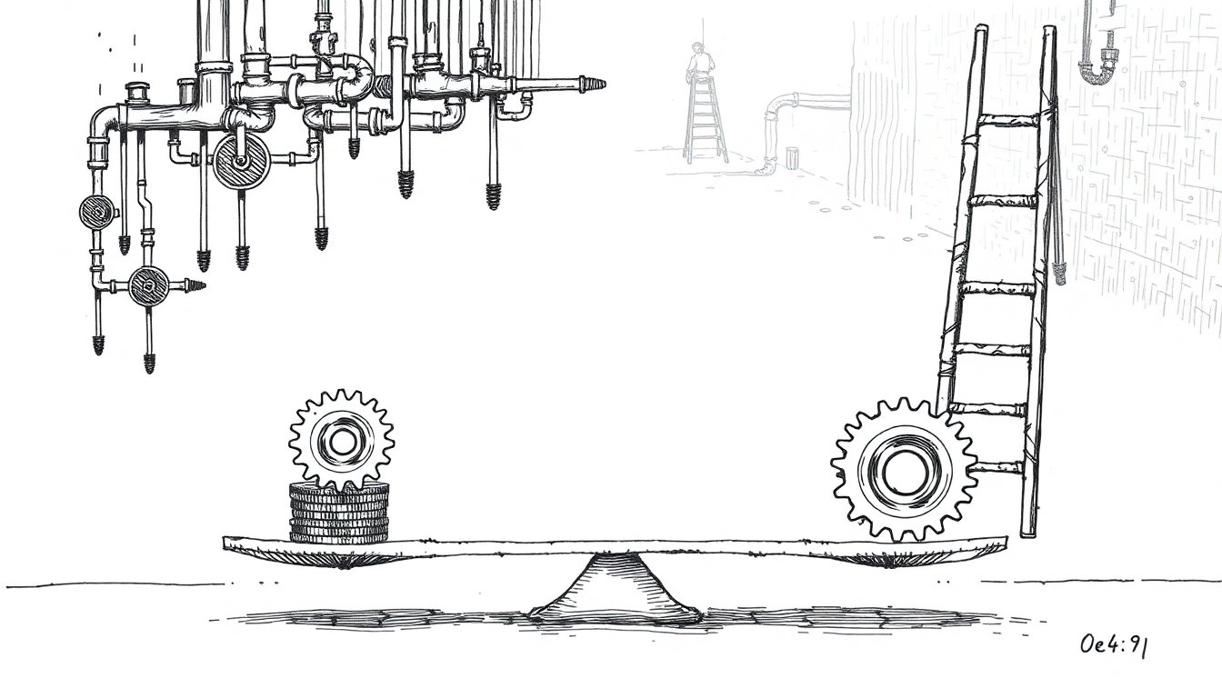 Two identical gears balance unevenly on a coin-weighted scale, with straightened pipes and a rung-short ladder behind, evoking AI's widening cost and labor divides.