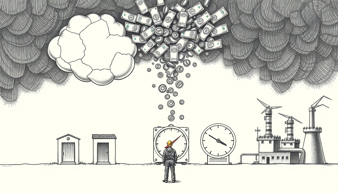 Money pours from a cracked cloud into small trade workshops while a strained power meter and gas plant buckle beneath, dwarfing a lone worker.