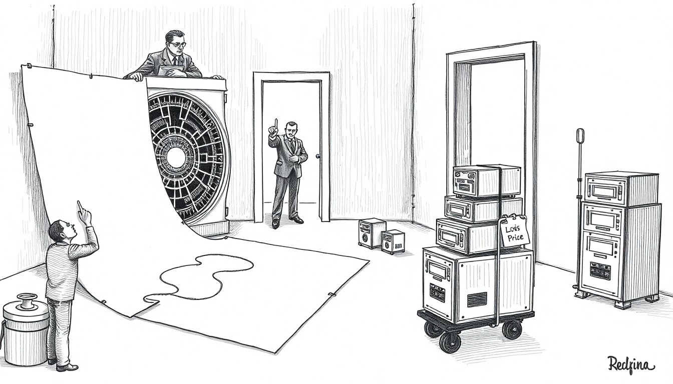 A figure traces a machine's inner wiring while an official points across the room and cheap copies roll out a low-priced gate, suggesting a fight over copied AI.