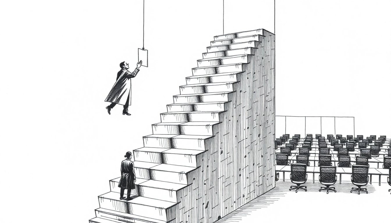 A lone figure climbs a steep circuit-etched staircase while a price tag stays pinned at the base, suggesting AI power rising as cost holds flat.