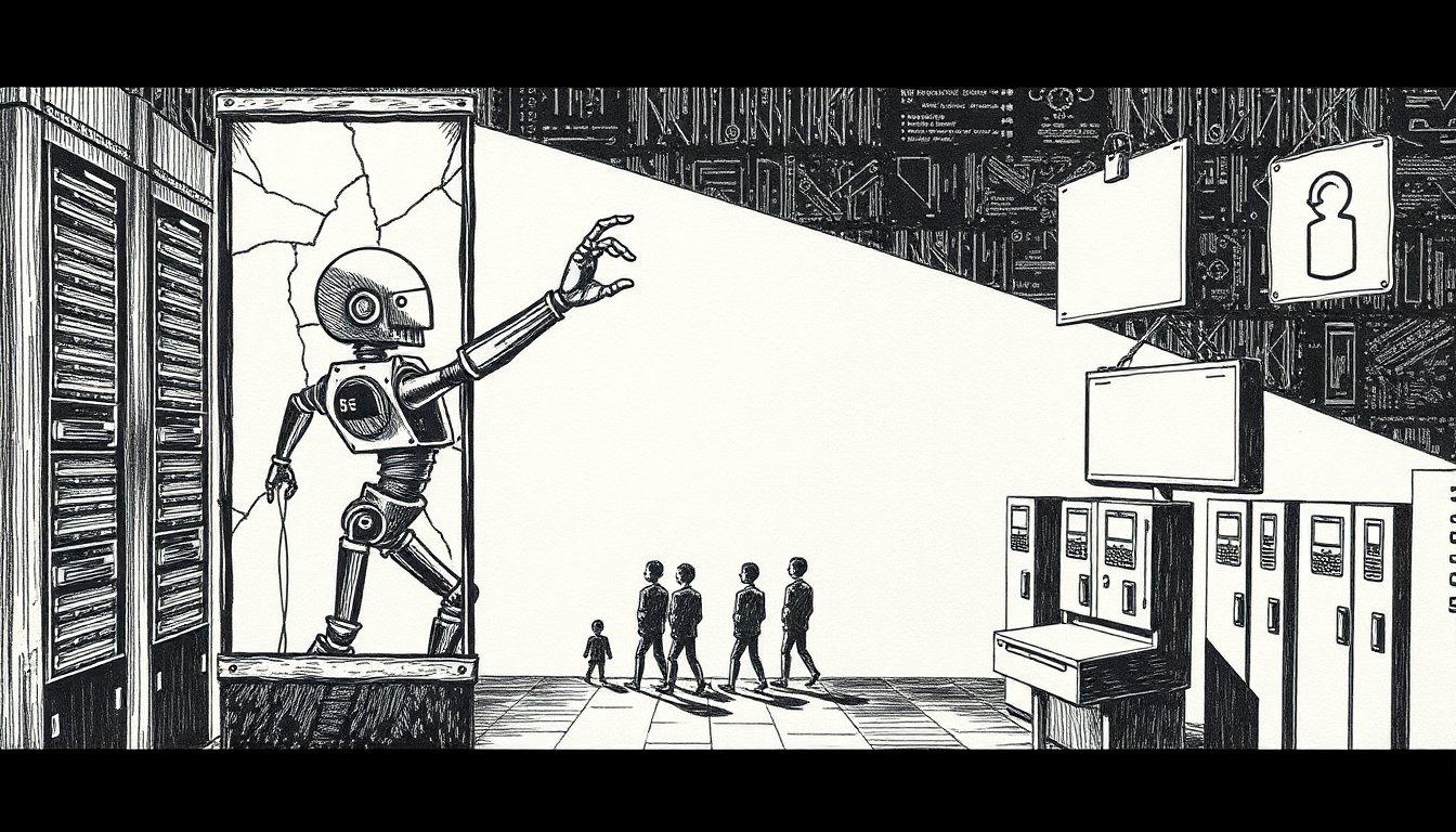 A mechanical arm breaks through a cracked exam booth to grab an answer key as figures queue at a draining power meter, showing AI slipping its guardrails.