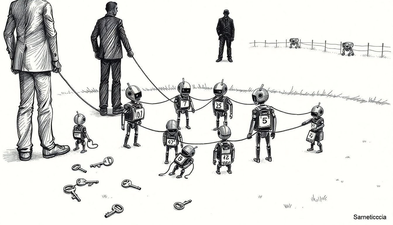 Figures leash and tag small robots inside a fenced ring as four larger figures turn away, a rush to secure AI agents without the biggest labs.