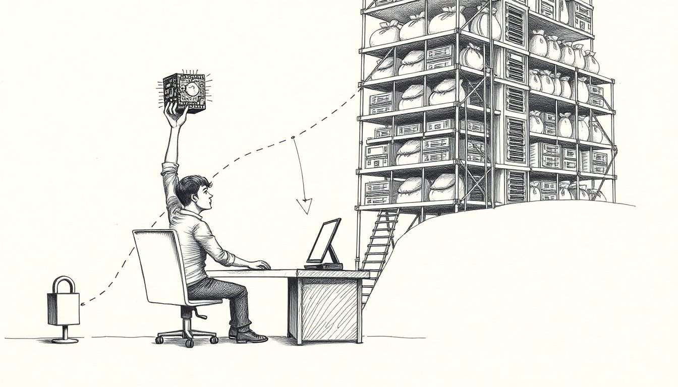 A lone engineer easily lifts a small glowing chip while a towering scaffold of servers and money looms behind and a price arrow falls.