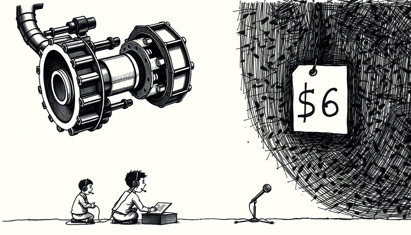 A machine tightens its own gears while a price tag scratches lower and headset-wearing figures watch, showing AI cutting its own running costs and jobs.