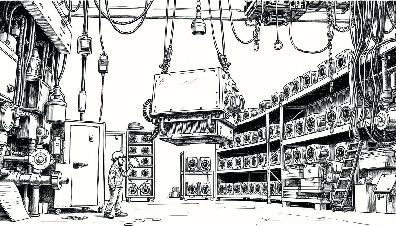 An engineer inspects a giant harness of cables suspending one engine block, identical blocks shelved behind, suggesting the wiring, not the model, now carries the risk.