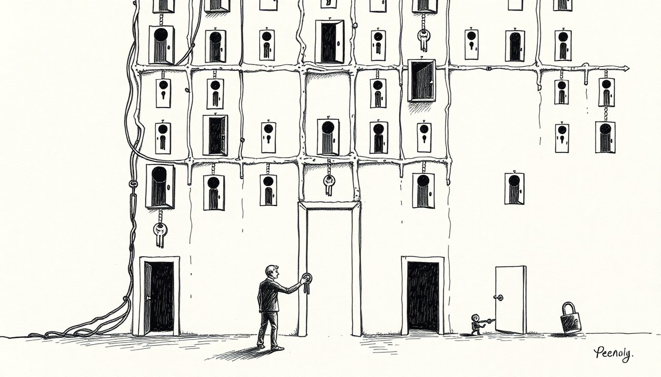 Rows of ajar doors and keyholes in ink as a figure hands keys to a machine, showing AI agents granted access through systems left unlocked.