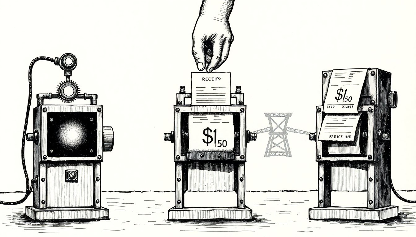 A hand feeds one glowing core into three presses printing different prices, while a bolted hatch and a distant power plant hint at hidden costs.