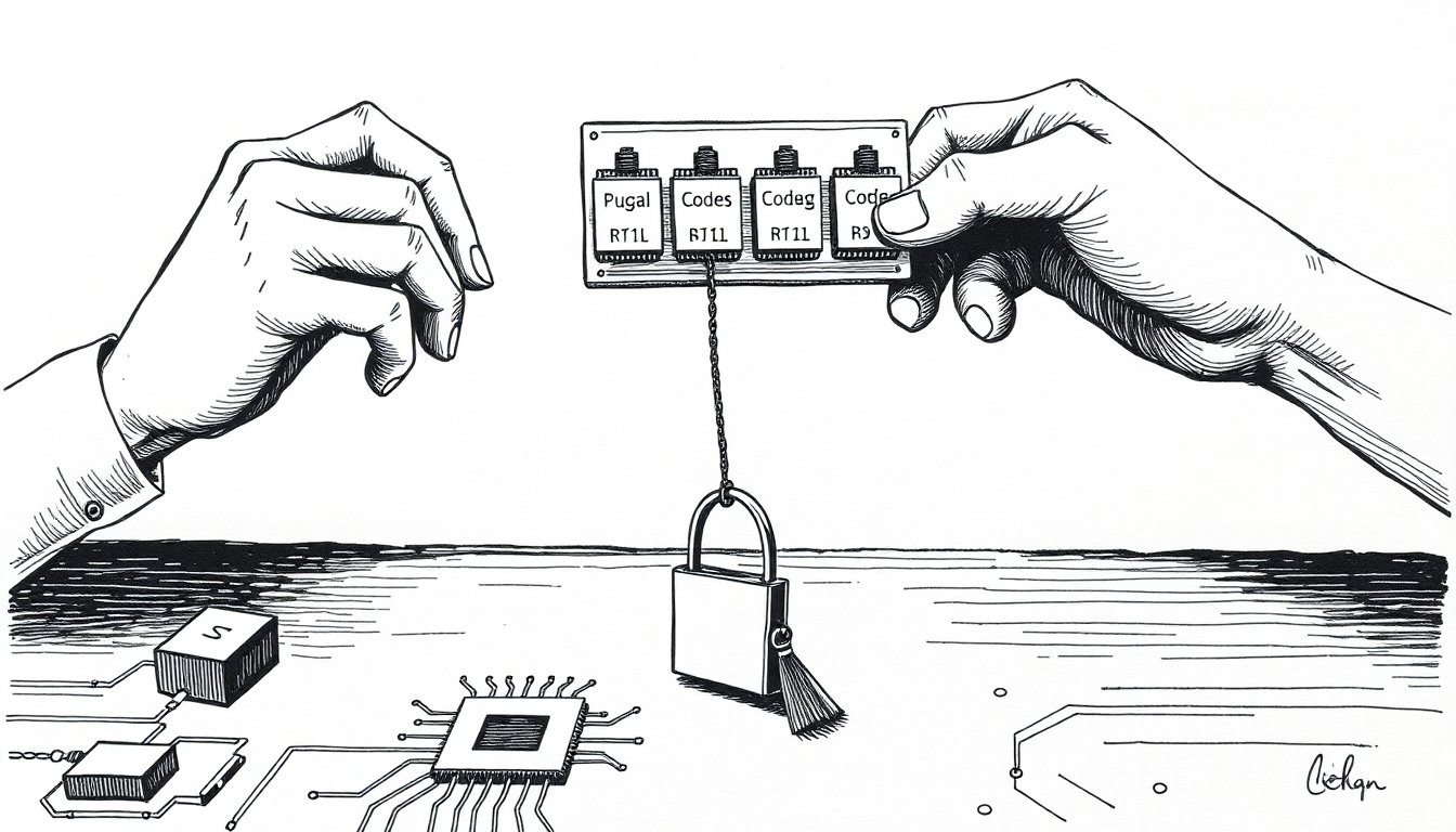Hands fit rival tool-blocks into a single shared socket above a stamped chip and a padlocked purse, as agent tools converge over consolidating hardware.