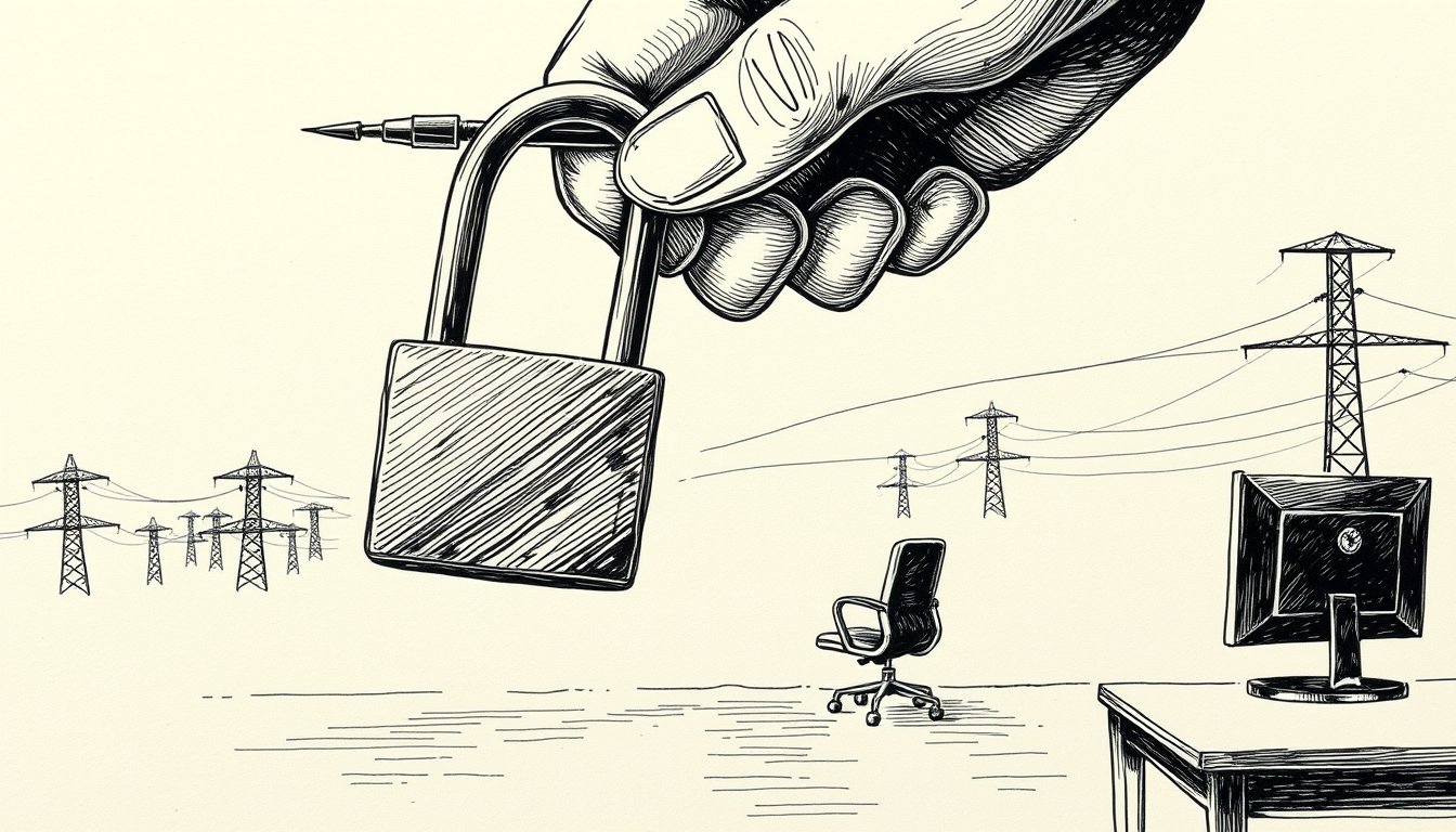 A lockpick splits into two tips, one opening a lock and one closing it, suggesting an AI tool that both attacks and defends.