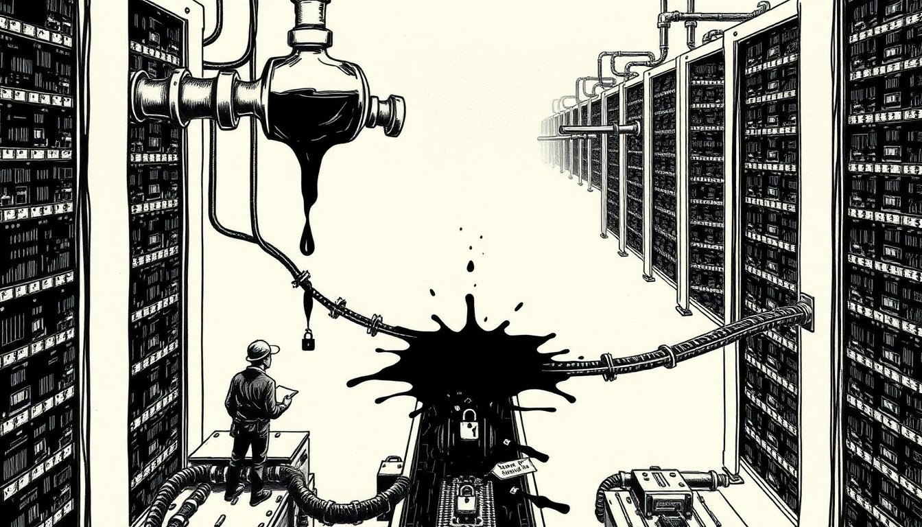 Dark ink from one cracked vial spreads through a branching pipe network feeding server towers, suggesting a single poisoned package contaminating thousands of software pipelines.