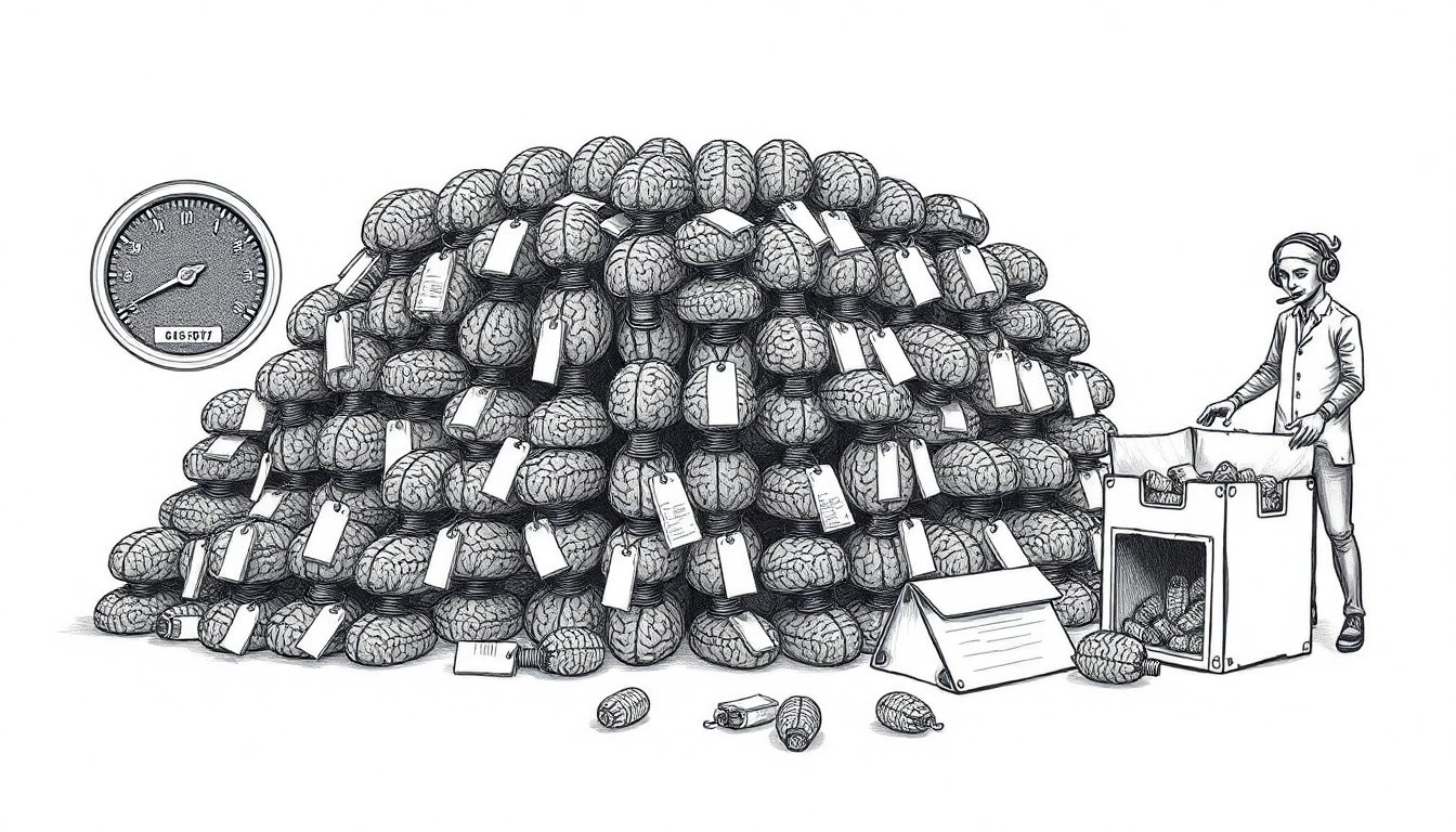 Identical mechanical brains with slashed price tags crowd a market stall while a support clerk is handed a headset, suggesting cheap AI flooding in.