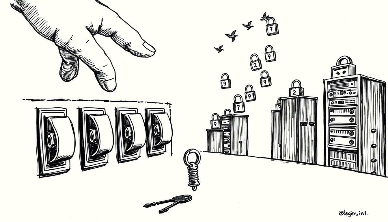 A human hand lifts off a row of approval switches as a mechanical hand takes over and a key slips loose, hinting AI agents now act without human sign-off.