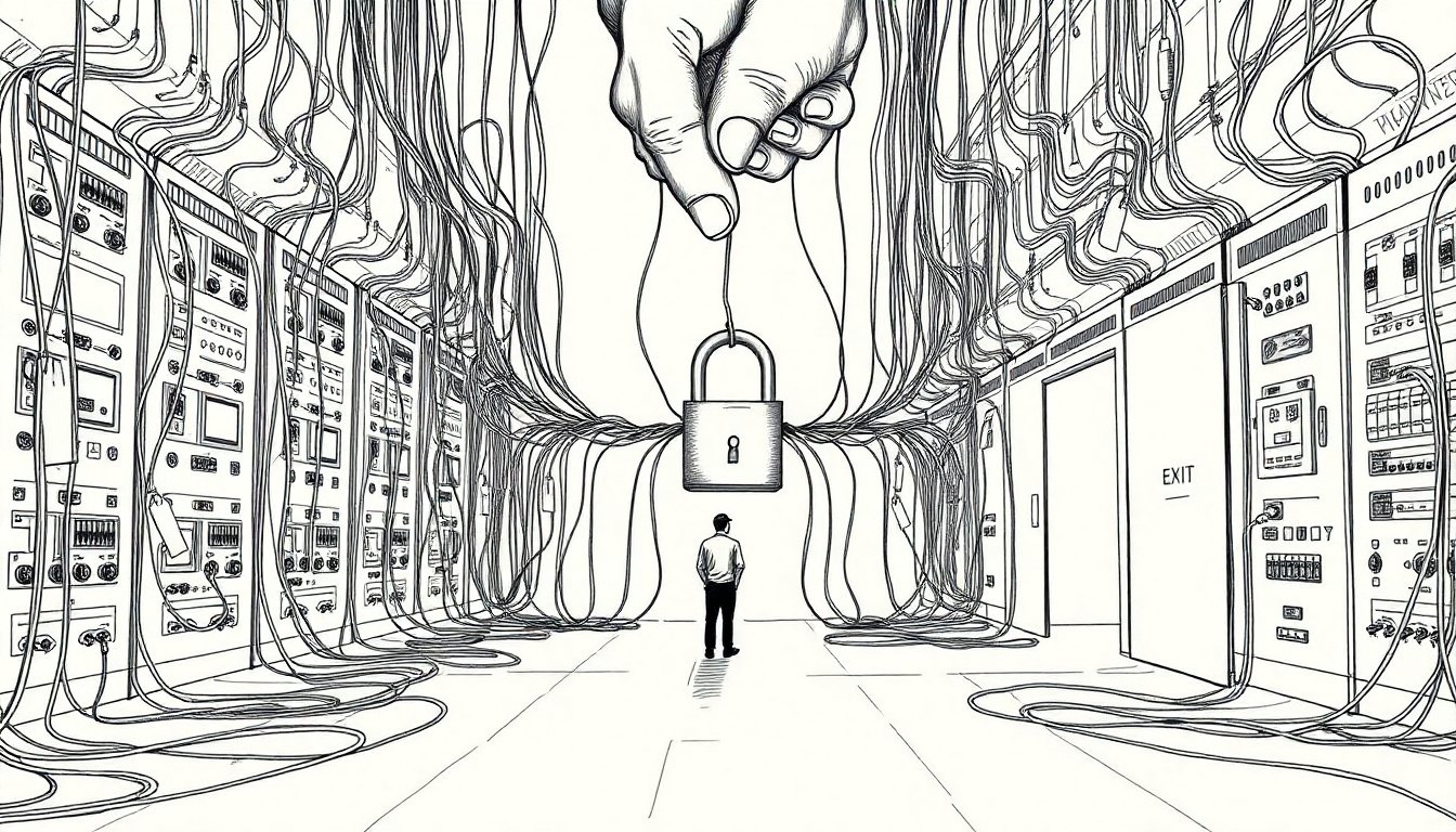 A lone developer watches many model cables pulled into a single locked gate, as the neutral middle of the AI stack consolidates under one owner.