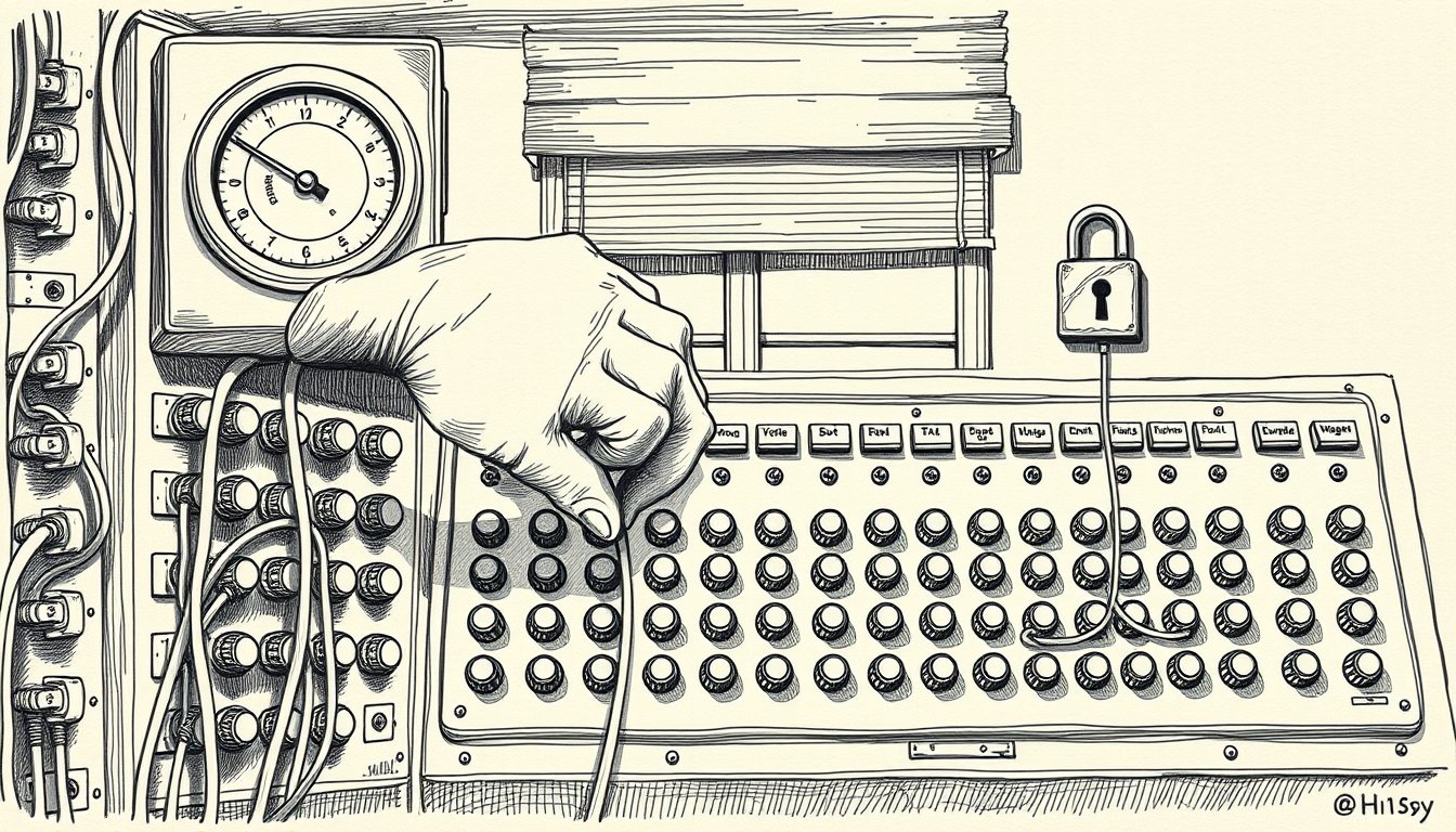 One hand reroutes a switchboard's many cables into a locked cash box beneath a climbing price meter, showing AI model access consolidating under fewer owners and costing more.