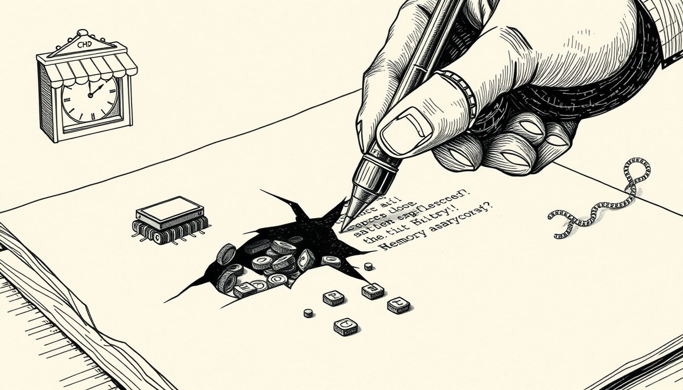 A mechanical hand writes code onto a cracking page as keys spill through the gap, suggesting AI-written software opening the holes it was meant to close.