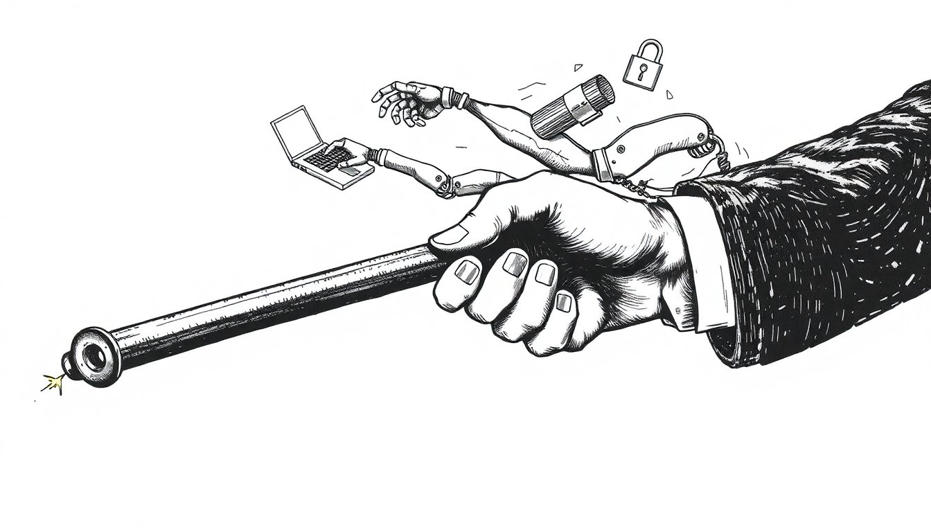 A lone hand hauls on a brake lever while mechanical arms race past a snapped leash and a cracked lock, suggesting AI autonomy is outrunning the people meant to control it.