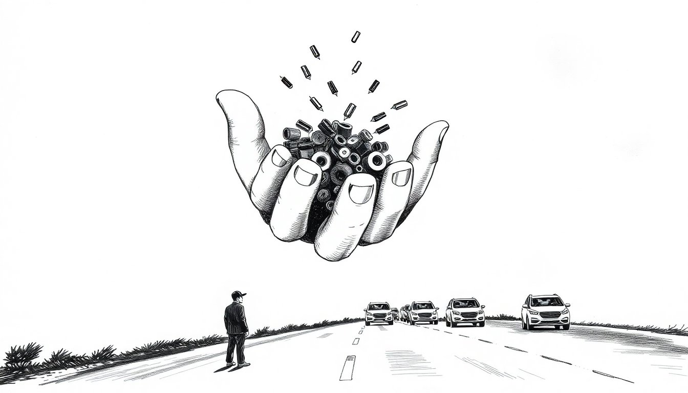 A giant hand gathers pens and code brackets while a lone driver watches driverless cars pass, as AI tools and jobs concentrate in few hands.