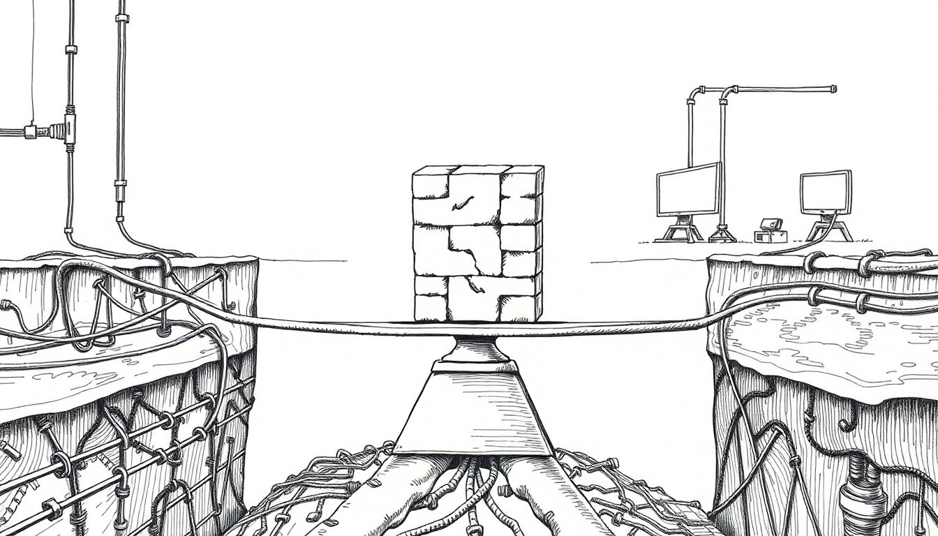 Identical bricks sit cheap on a scale while value drains to a foundry below and delivery pipes above, the model commoditized as money moves outward.