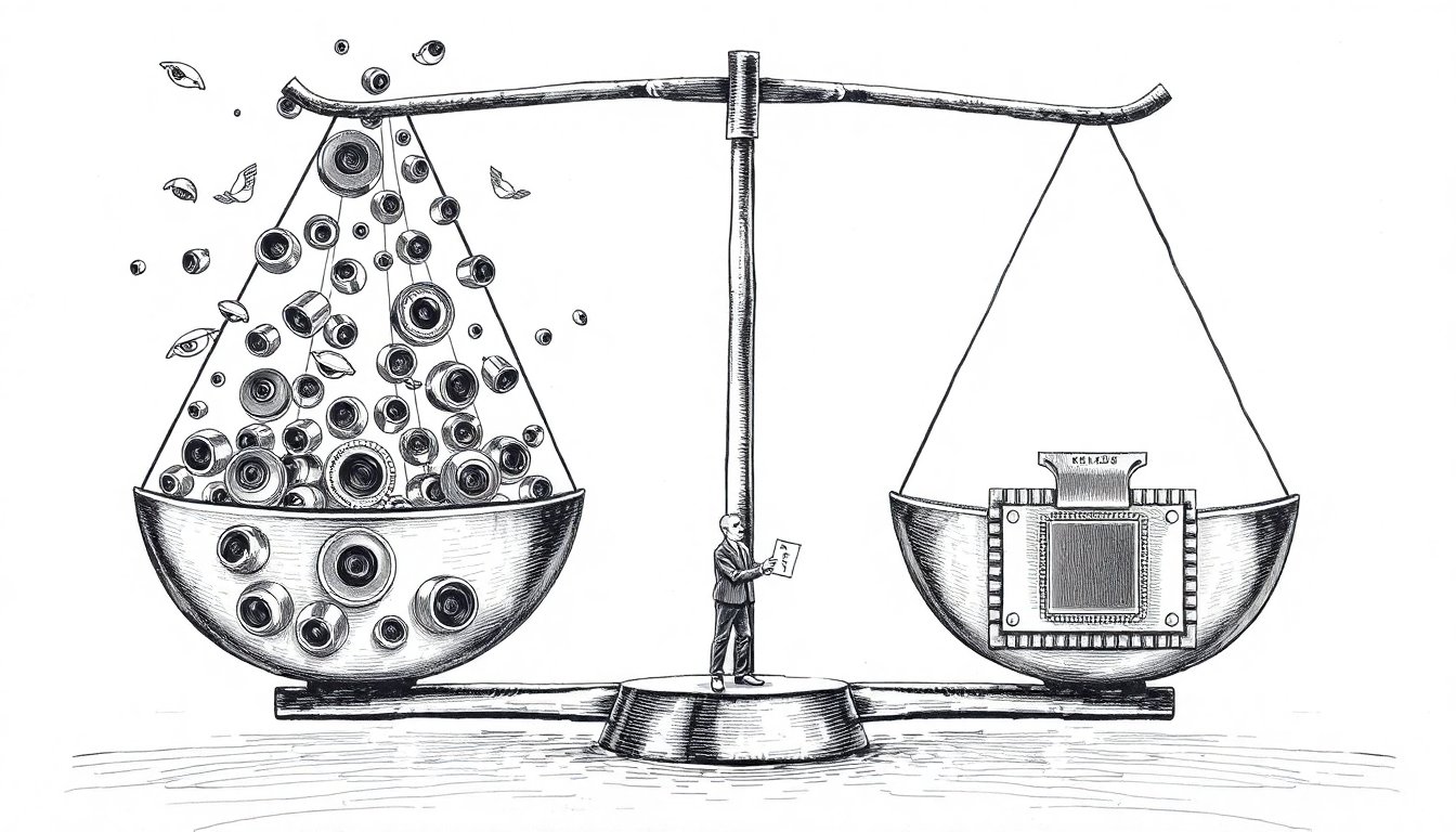 A balance scale lifts weightless paper eyes on one side and sinks a heavy memory chip on the other while a small figure weighs a price tag.