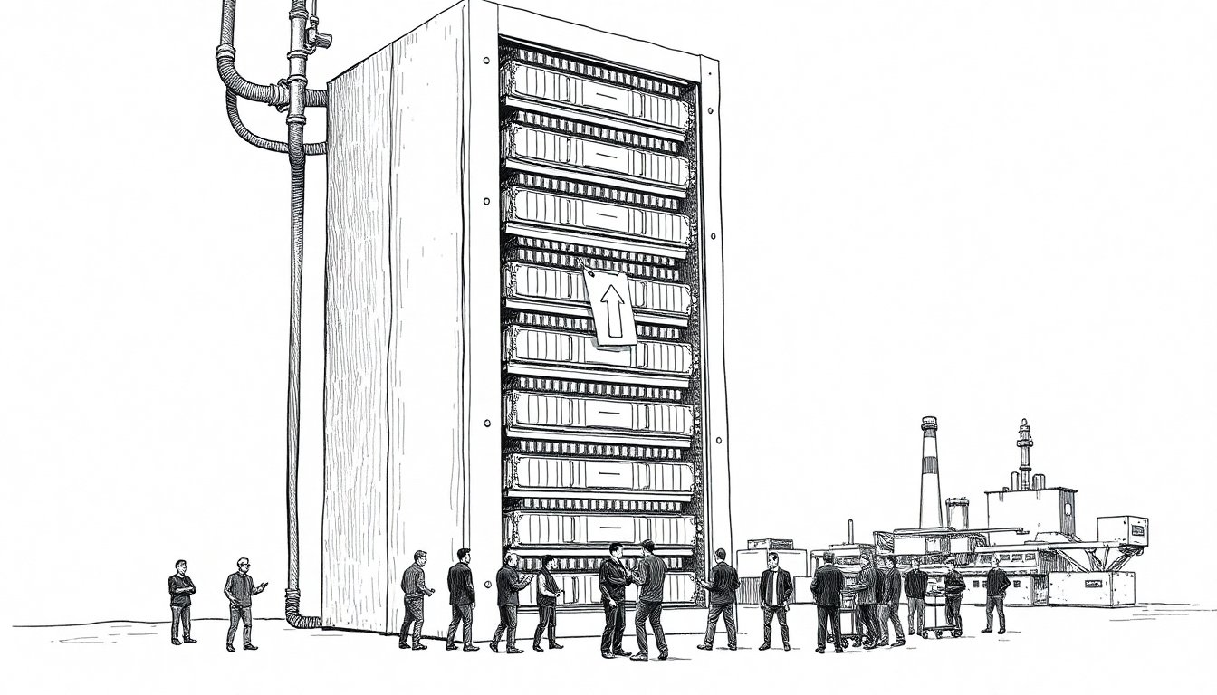 A server rack drawn as a bank vault of scarce memory chips, with engineers reaching up empty-handed, showing compute costs rising on a shortage.