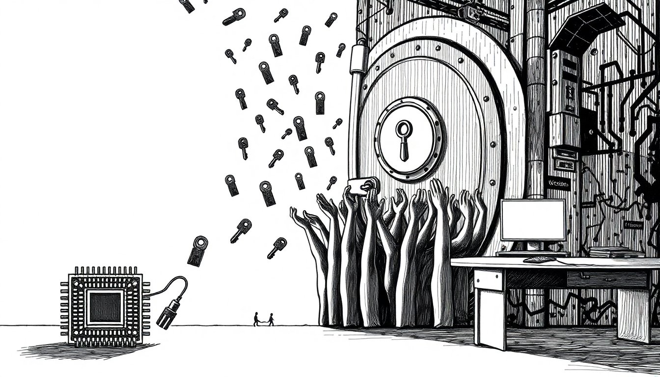 A vault opens and spills keys to reaching hands while a small chip outshines a larger one, as AI's cost and control shift toward open weights.