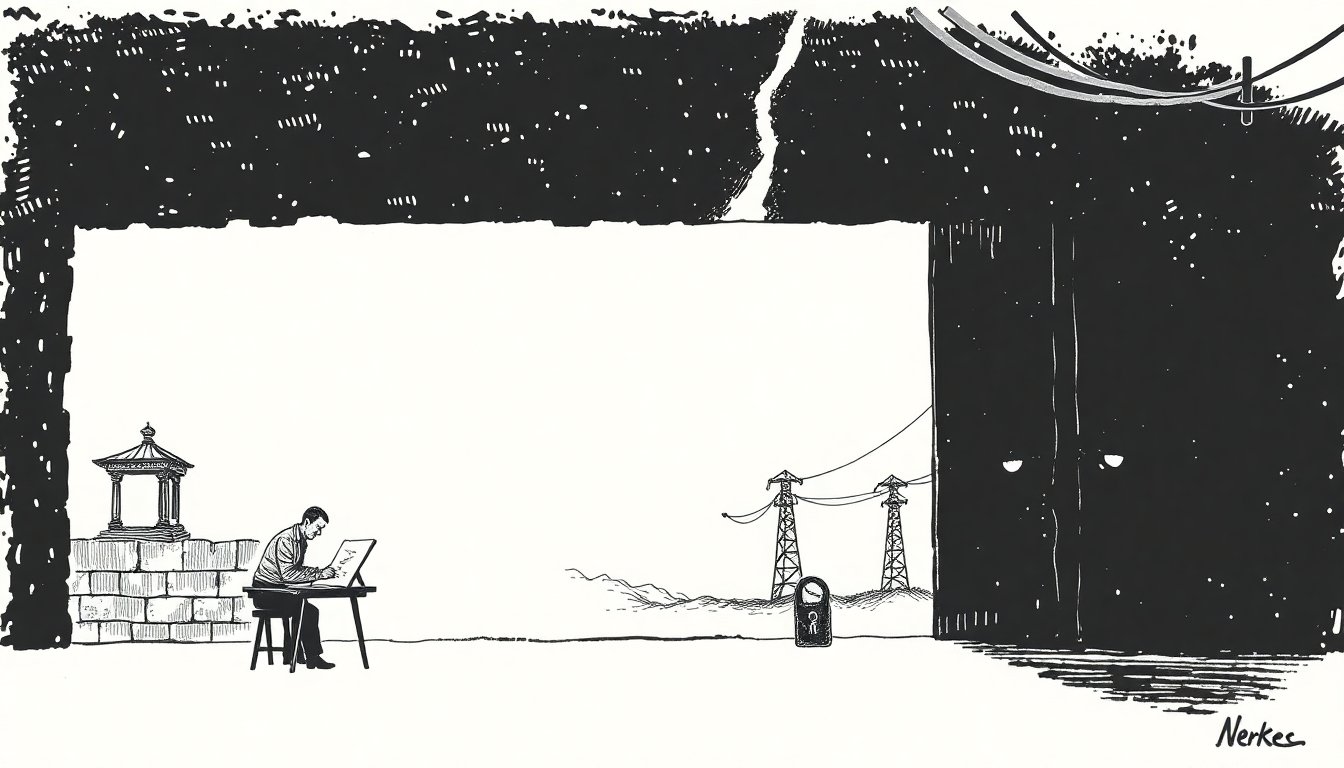 A figure draws a fortress wall while sliding a key under its own gate, suggesting the firms warning of AI cyberattacks also sell the defense.