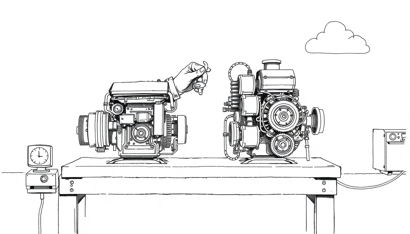 Two identical engines on a workbench, one in a lean frame and one tangled in extra tubing, as a hand tightens the simpler rig, suggesting the harness now sets the cost.