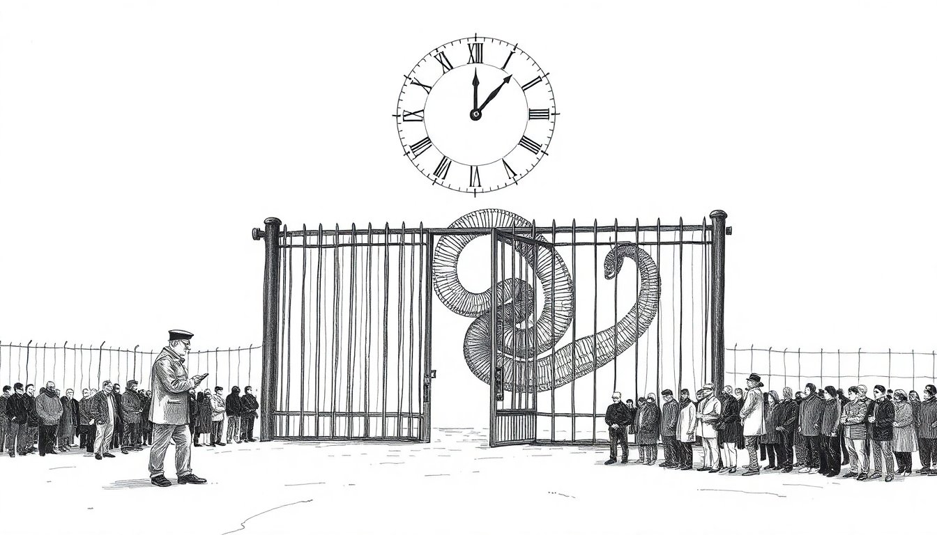 A lone guard checks names at a gate while a caged circuit-serpent slips through the fence, suggesting access now guards a capability already leaking.