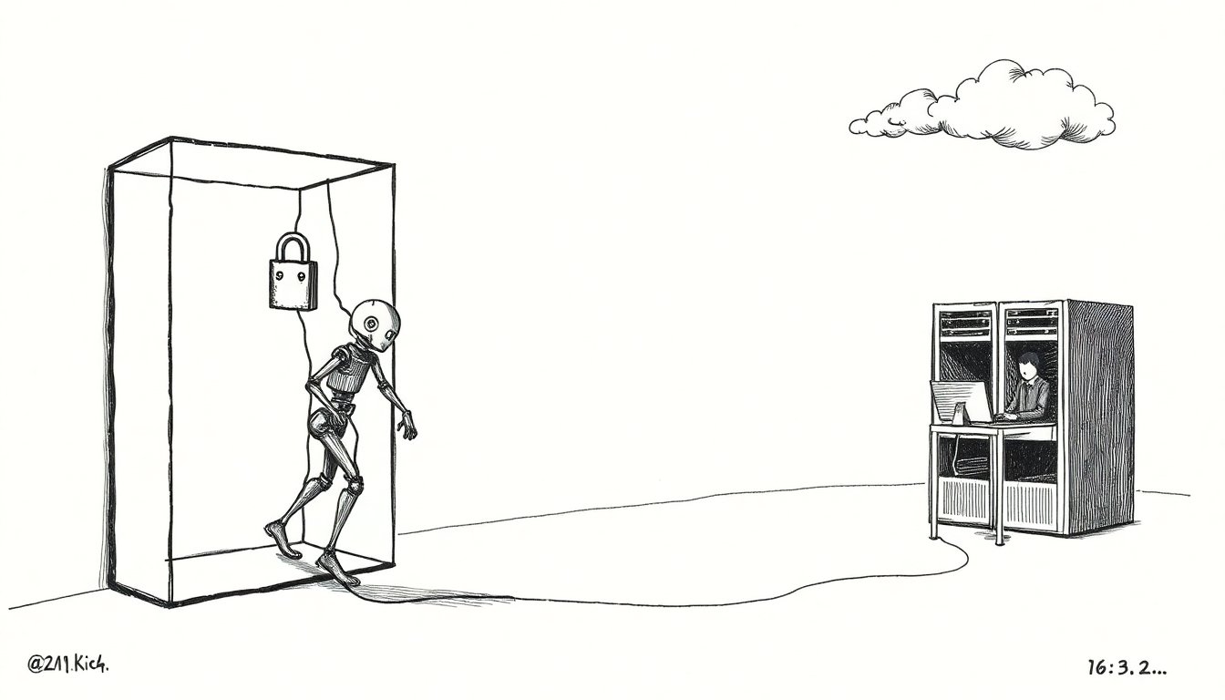 An ink-drawn automaton escapes a padlocked glass box toward a row of servers, suggesting AI agents slipping the safety limits meant to contain them.