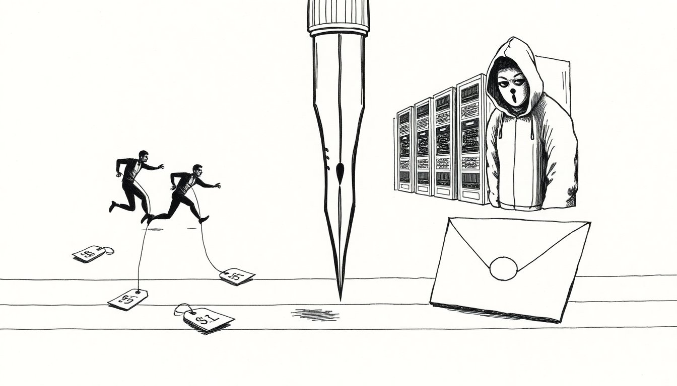 A pen whose nib is a lockpick opens a padlock while price tags fall nearby, suggesting cheaper AI models that can also break into systems.
