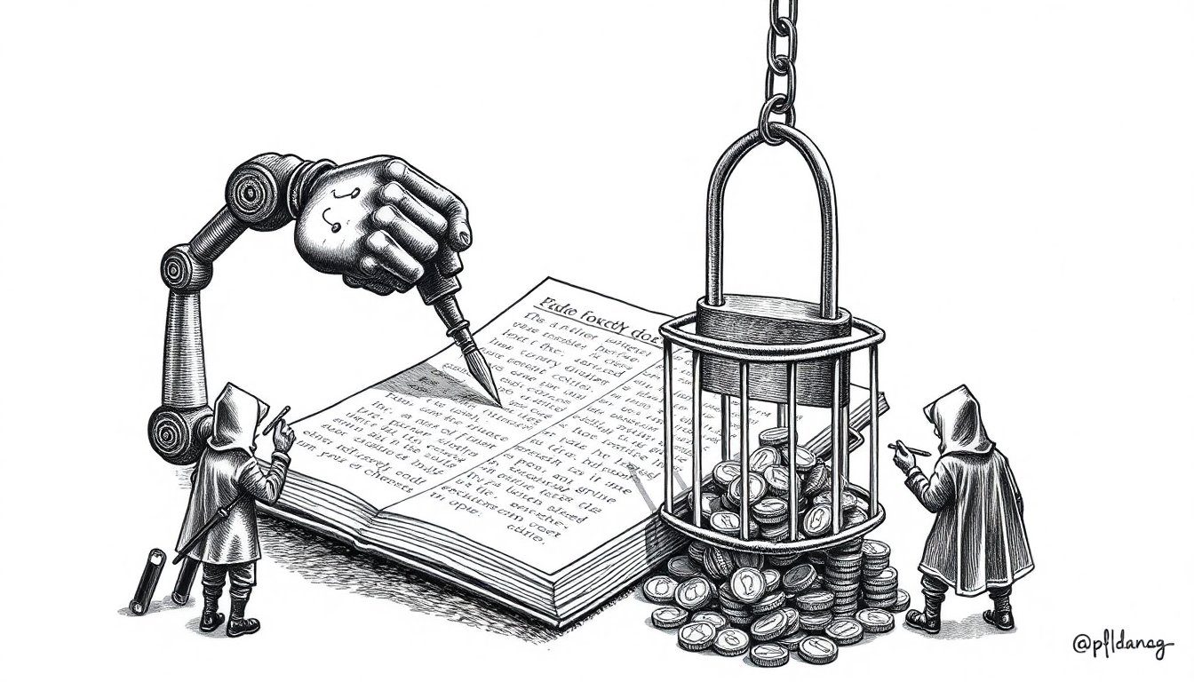 A mechanical arm writes code inside a locked cage as coins pour in and hooded figures pick at the bars, money rushing to guard AI's coding agents.