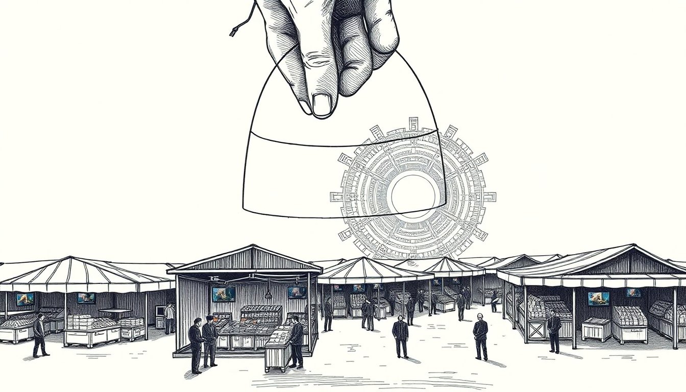 A giant hand lowers a glass dome over a bazaar of AI model stalls, wired to a chip, as one company encloses where developers shop.