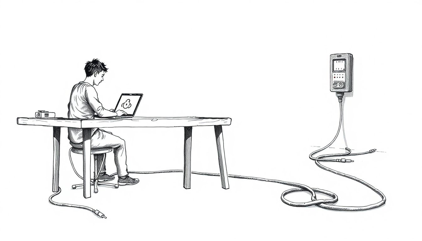 A developer runs a glowing engine inside a laptop while a cable to a distant data center lies unplugged, as AI compute shifts local.