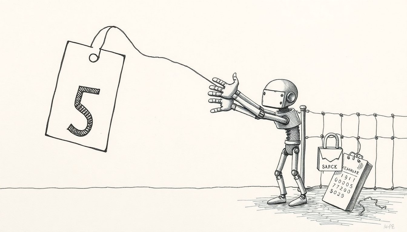 A shrinking price tag sits beside a many-armed agent reaching through a broken fence toward a vault and calendar, showing cheap models but unguarded reach.
