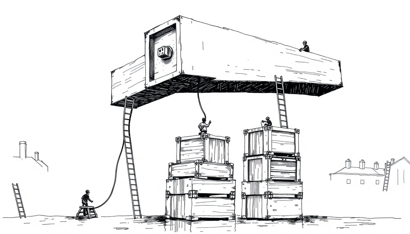 A small plug holds up a bowing iron beam over stacks of tools while one sheared bolt leaks ink, a young standard now overloaded and cracking.