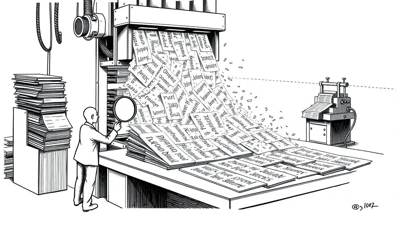 A printing press floods a desk with pages faster than a lone inspector can read them, while money fuels the speed and a rival arm copies the output across a border.