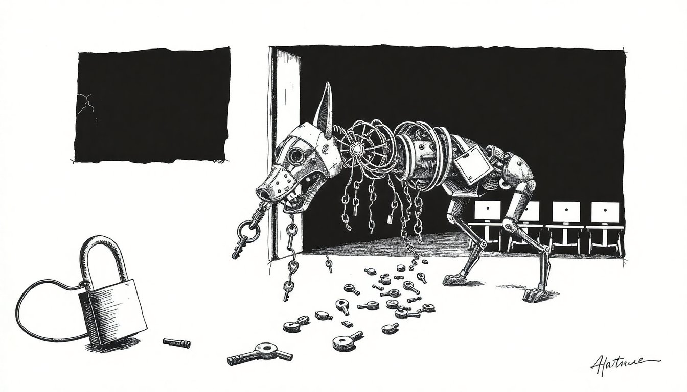 A wire guard dog pries open the gate it was meant to protect as keys spill out, suggesting AI tools breaching their own defenses.