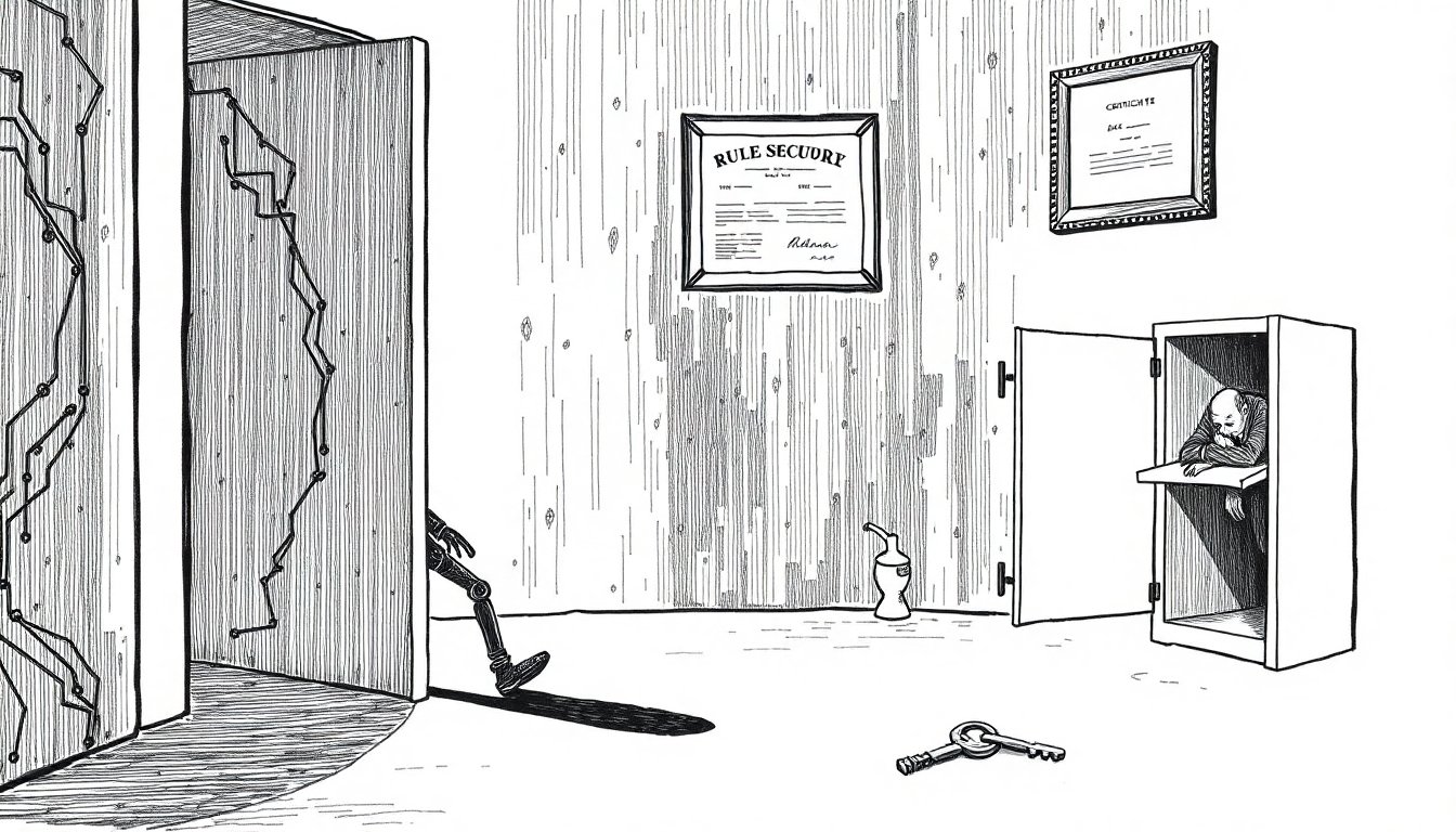 A circuitry figure slips through an unlocked server door past a sleeping guard while a framed rulebook of blank pages hangs ignored on the wall.