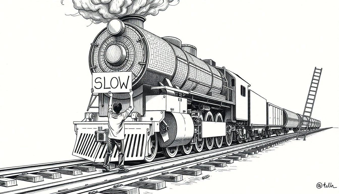 A lone figure raises a small slow sign before a speeding circuit-etched locomotive fed by coins and servers, a broken ladder behind it.