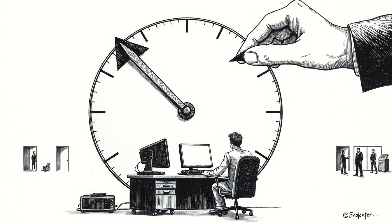 A corporate hand turns a usage dial downward while its painted arrow still points up, as a lone coder eyes exits toward rival tools.