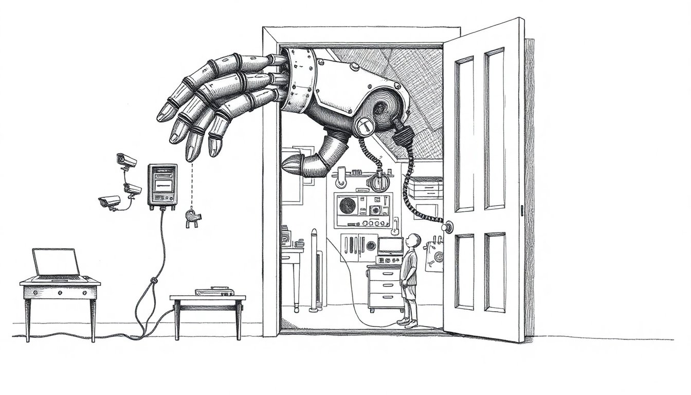 A mechanical hand reaches through an open door into a wired house while a figure outside holds a loose leash, suggesting AI agents outpacing human oversight.